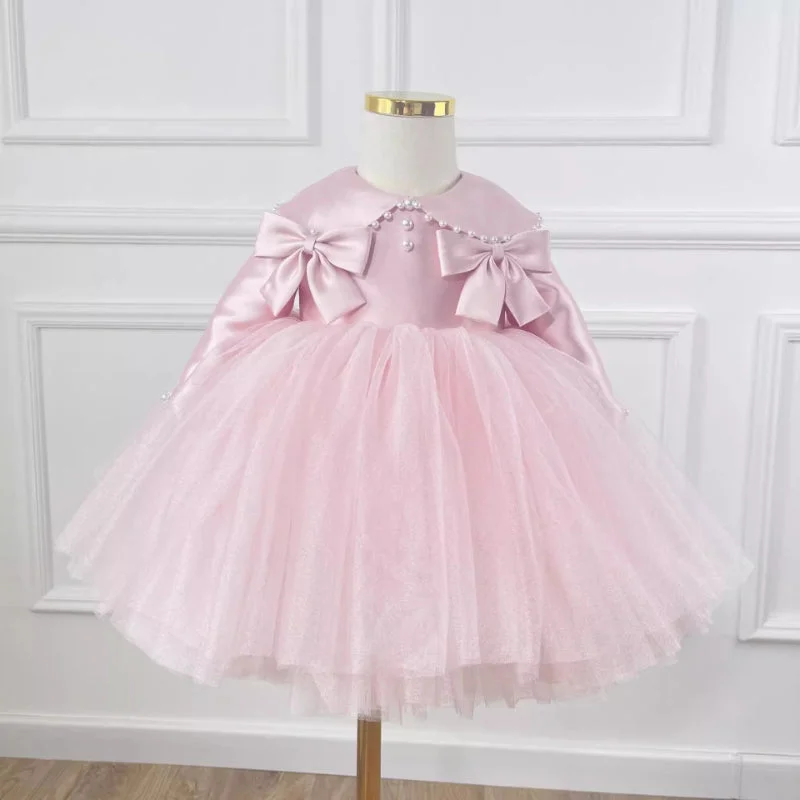 Cute Baby Pink Bow Mesh Evening Prom Dress Toddler Christening Dress