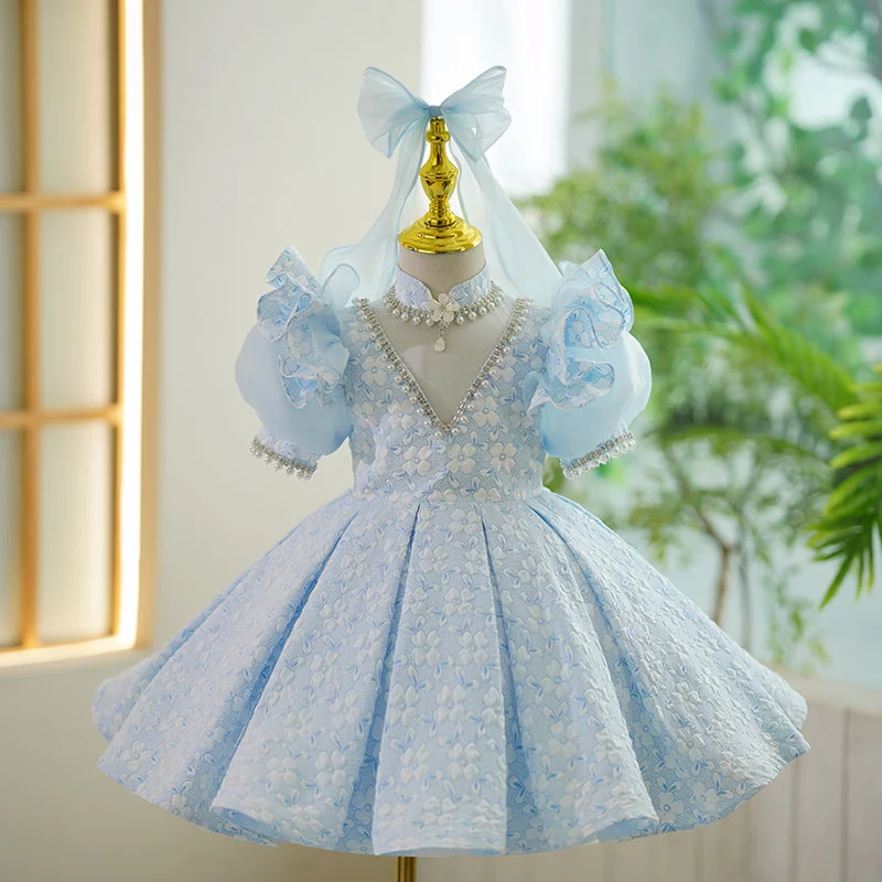 Baby Girl Pearl Neckline Puff Sleeves Flower Pageant Princess Dress