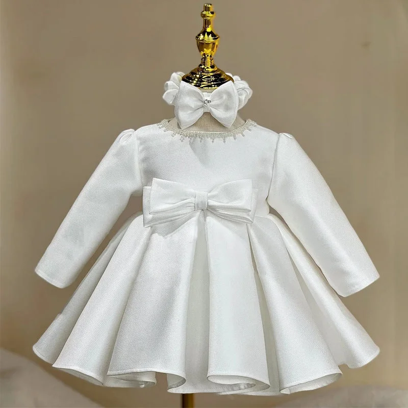 Elegant Baby Long-sleeved White Round Neck Birthday Dress Toddler Flower Girl Dress