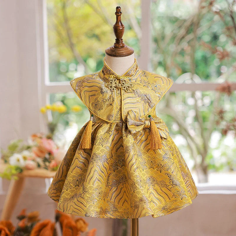 Elegant Baby Girls Yellow Pattern Button Bow Princess Dress Toddler Catwalk Model Dress