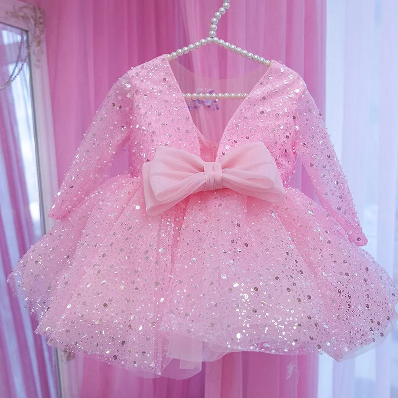 Pink Birthday Girl Dress Shinning Flower Girl Dress First Birthday Prom Dress