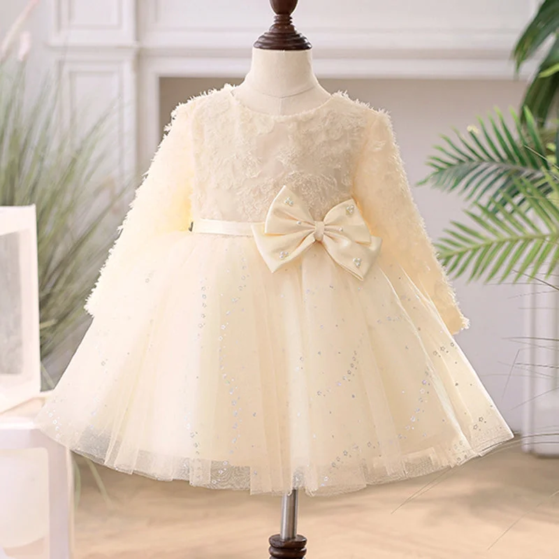 Elegant Baby First Communion Dress Toddler Bow Christening Dress