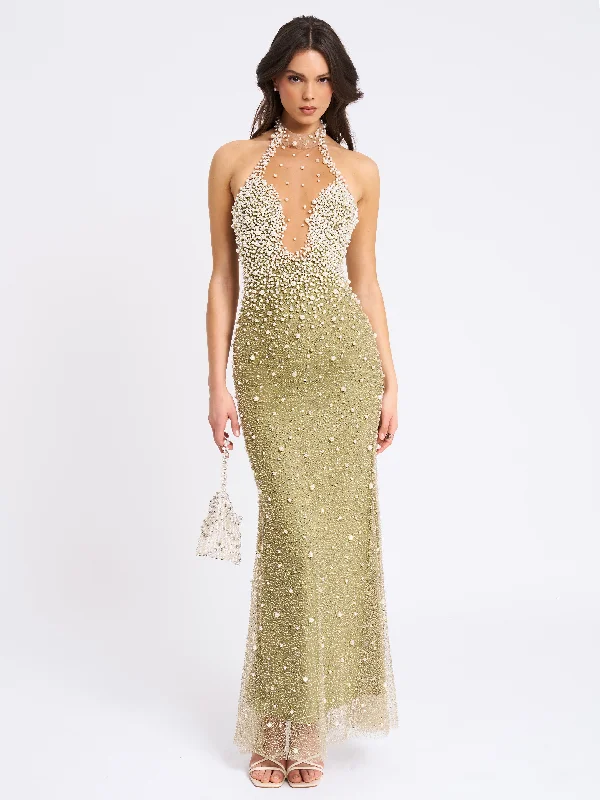 Ginny Pear Green Pearl Embellished Backless Gown