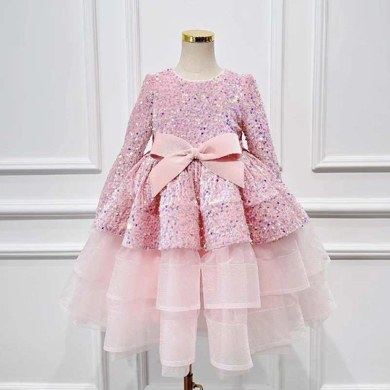 Elegant Christmas Dress Baby Girls Pink Winter Sequin Cake Dress New Year's Dress