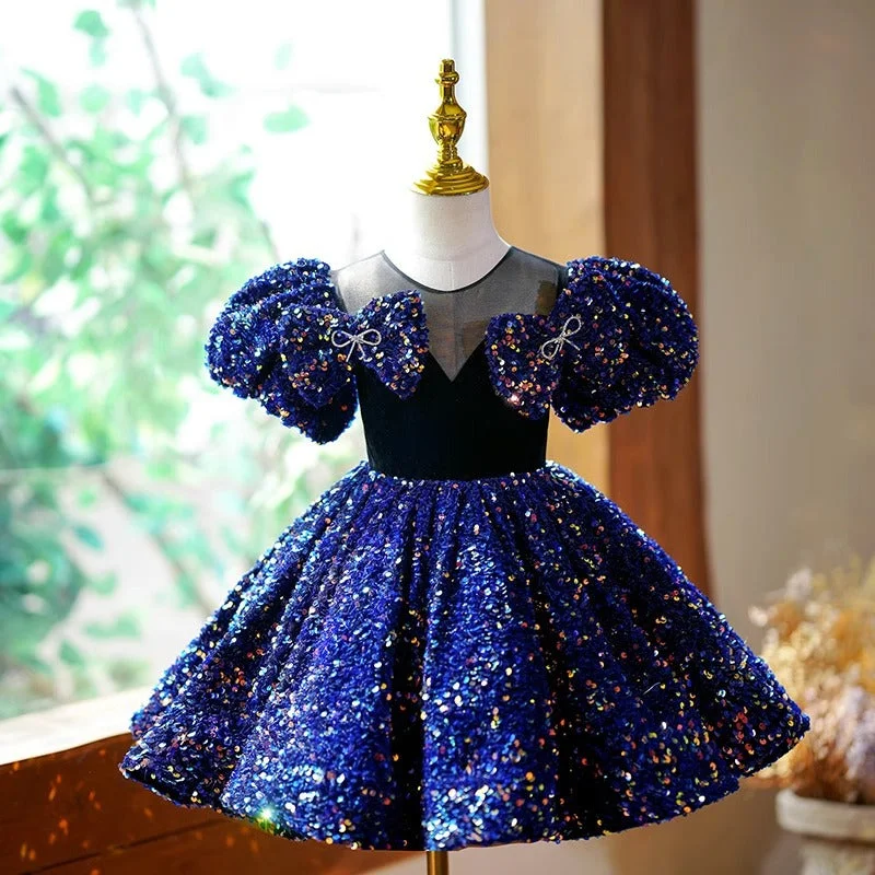 Elegant Baby Girls Dark Blue Sequin Bow Princess Dress Toddler Prom Dress