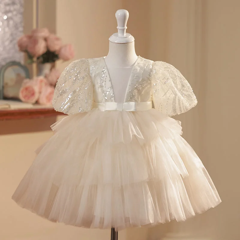 Flower Girl Dress Toddler Puff Sleeves Bow Sequin Mesh Fluffy Princess Dress