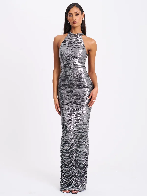 Abril Rouched Silver Glitter Backless Gown