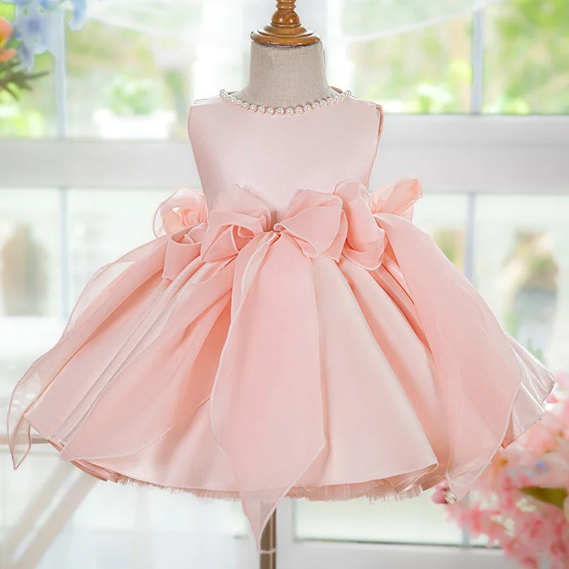 Elegant Baby Pink Sleeveless Bow Puff Dress Toddler Party Dresses