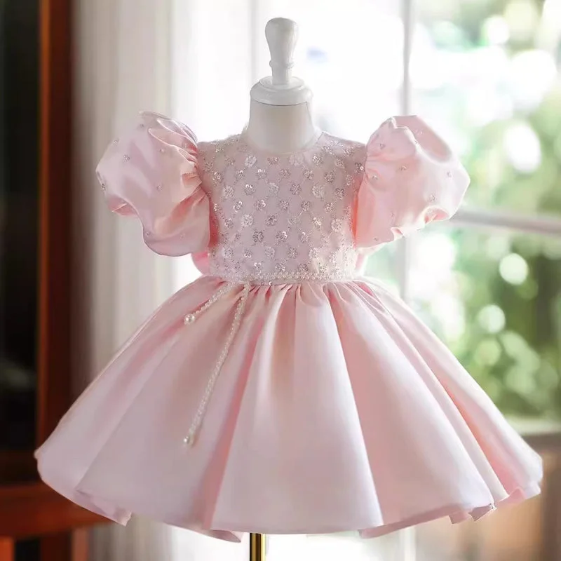 Elegant Baby Pink Sequin Birthday Dress Toddler Little Girl Formal Dresses