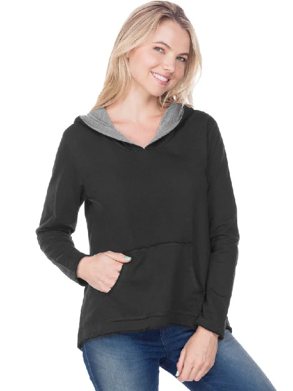 Women French Terry Raw Edge High-Low Long Sleeve Lined Hoodie