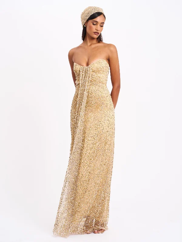 Ada Gold Rhinestone Embellished Strapless Gown with Head Scarf