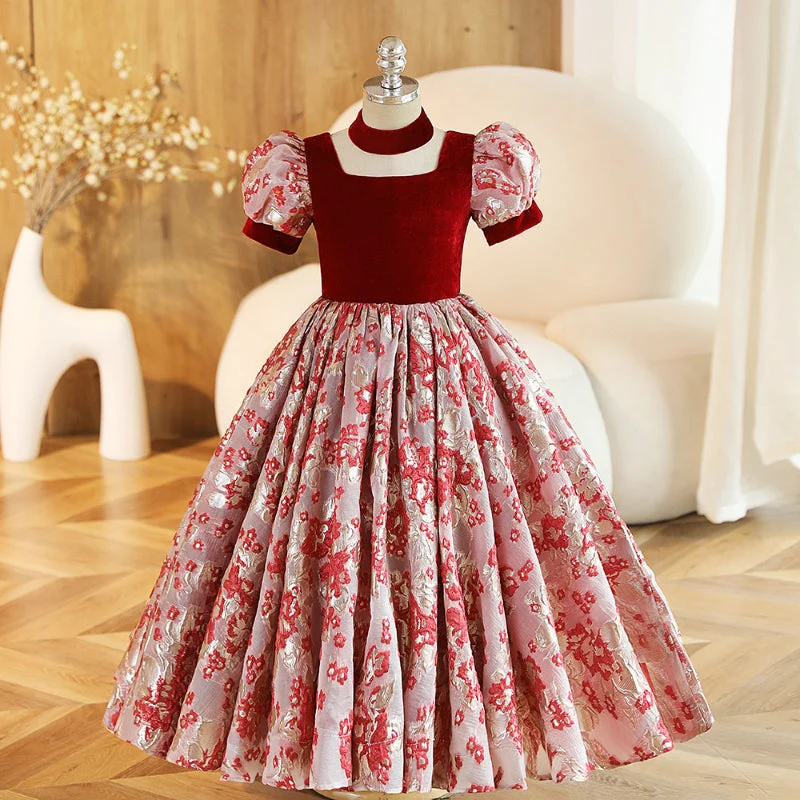 Elegant Baby Girl Burgundy Floral Square Neck Puff Sleeve Pleated Princess Dress Toddler Ball Gowns Toddler Prom Dress