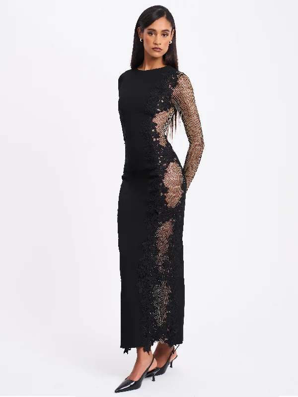 Bailey Lace Trim Crystal Net Cutout Long Sleeve Gown