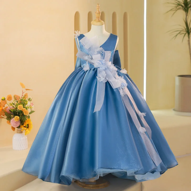 Elegant Baby Girls Blue Sleeveless Puff Princess Dress Toddler Birthday Trailing Party Dresses