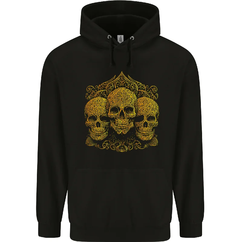 3 Ornate Gold Skulls Gothic Goth Mens 80% Cotton Hoodie