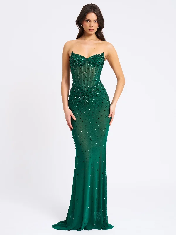 Fatima Green Crystal Sleeveless Corset Mermaid Maxi Dress