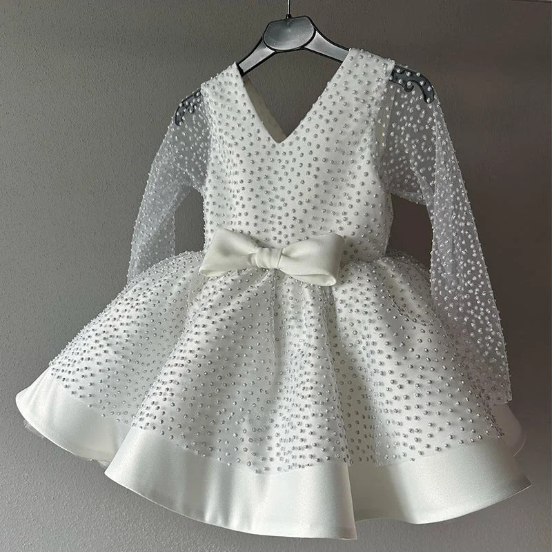 Cute Baby Girl Bead Pageant Dress Toddler  First Communion Princess Dress