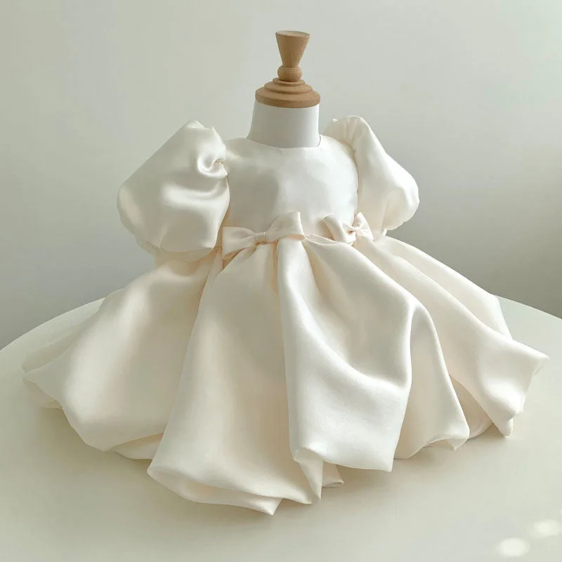 Elegant Baby Girl White Puff Sleeve Bow Cake Dress Toddler Party Dresses