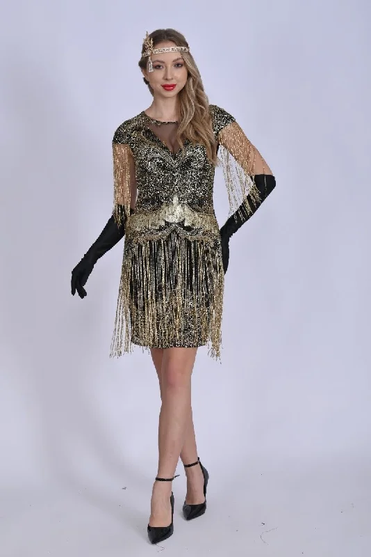 Sybill Fringe Flapper Dress in Black Gold