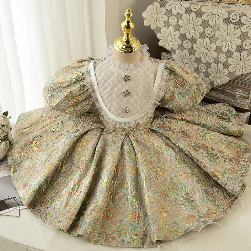 Baby Girls Retro Birthday Lace Puff Sleeve Princess Dress