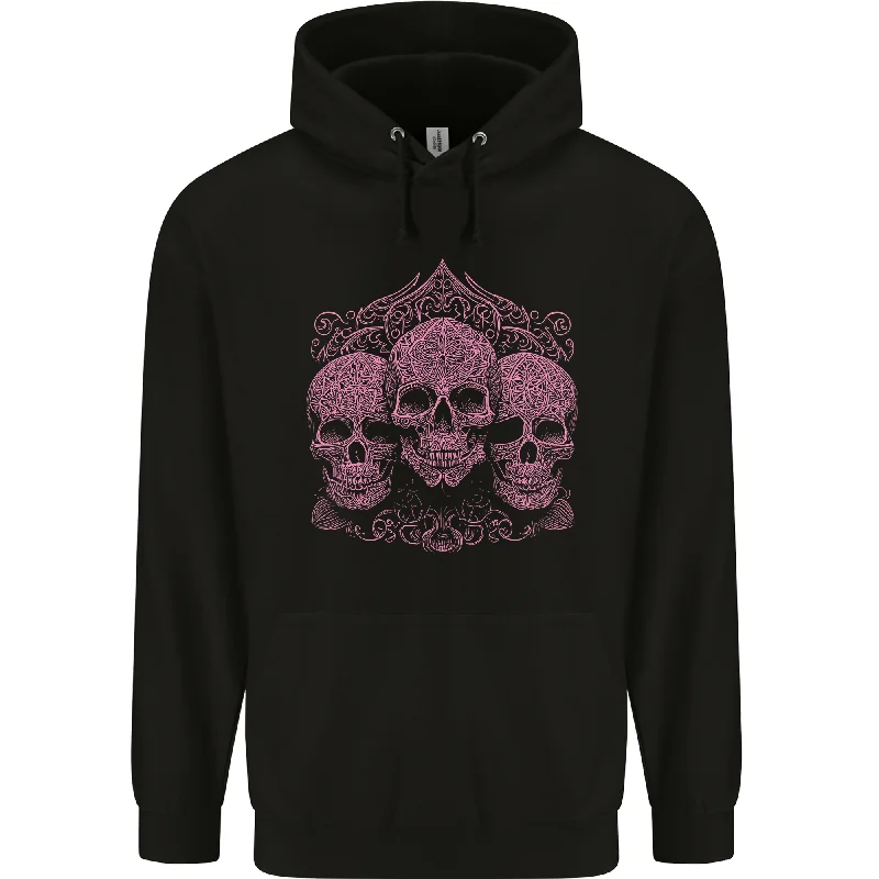 3 Ornate Pink Skulls Gothic Goth Mens 80% Cotton Hoodie