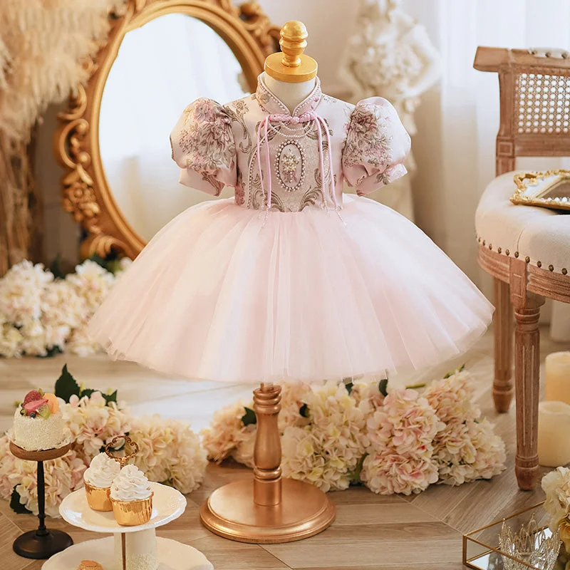 Baby Girls and Toddler Summer Pink Vintage Print Fluffy Birthday Party Princess Dress