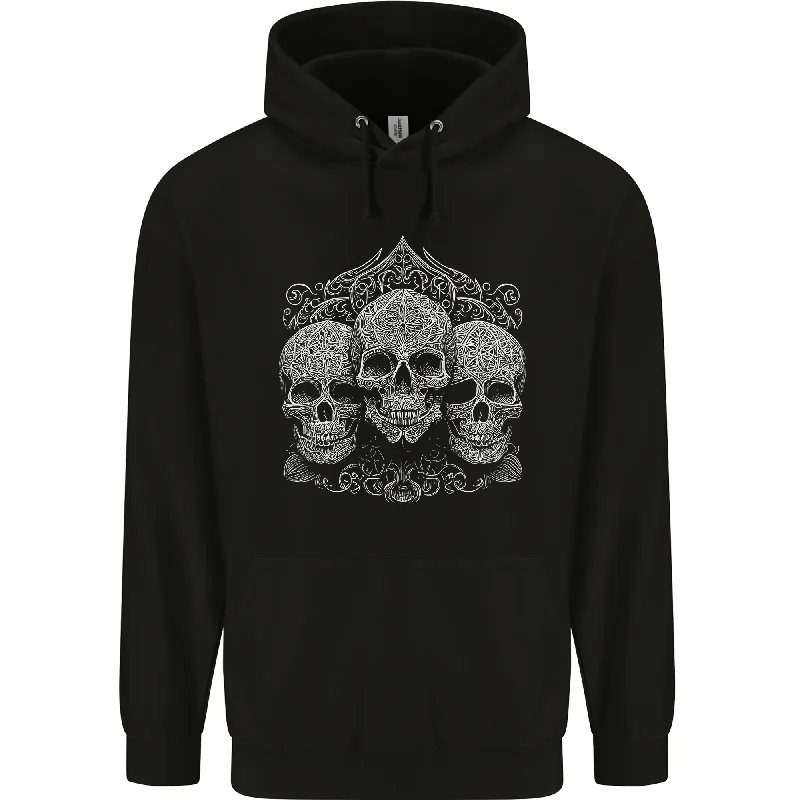 3 Ornate White Skulls Gothic Goth Mens 80% Cotton Hoodie