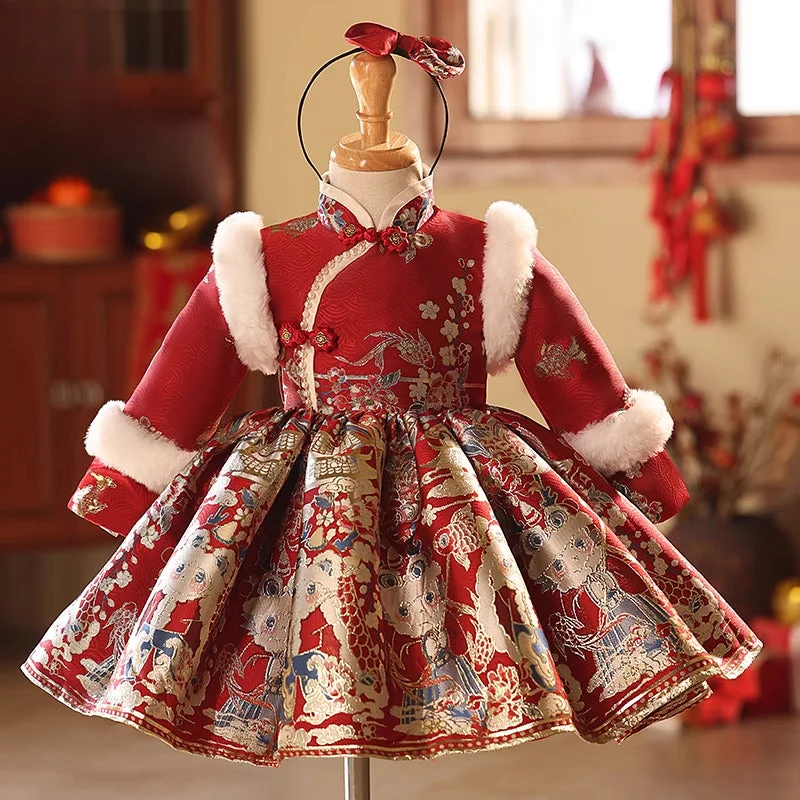 Children's Red New Year Christmas Dress Girls Birthday Party Princess Dress