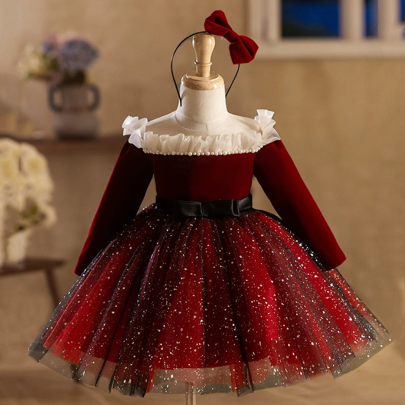 Children's Long Sleeve Birthday Dress Red Princess Dress