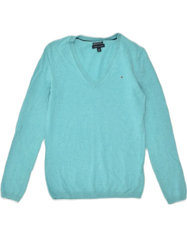 TOMMY HILFIGER Womens V-Neck Jumper Sweater UK 10 Small Turquoise Cotton