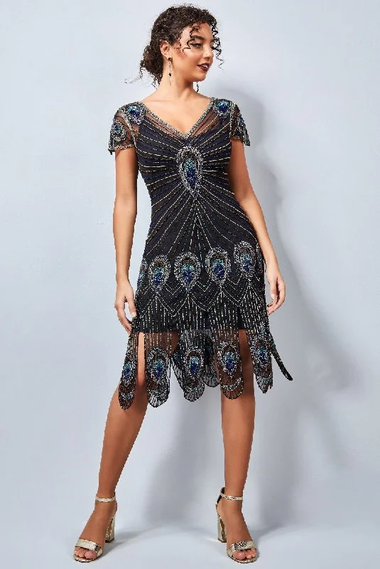 Alluring Amelia Fringe Flapper Dress in Black