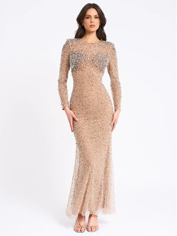 Rita Embroidered Mesh Silver Beaded Mermaid Gown