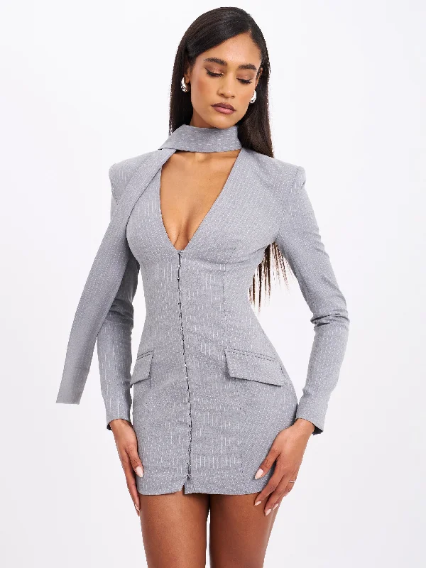 Tahlia Deep V Pinstripes Gray Blazer Dress with scarf collar