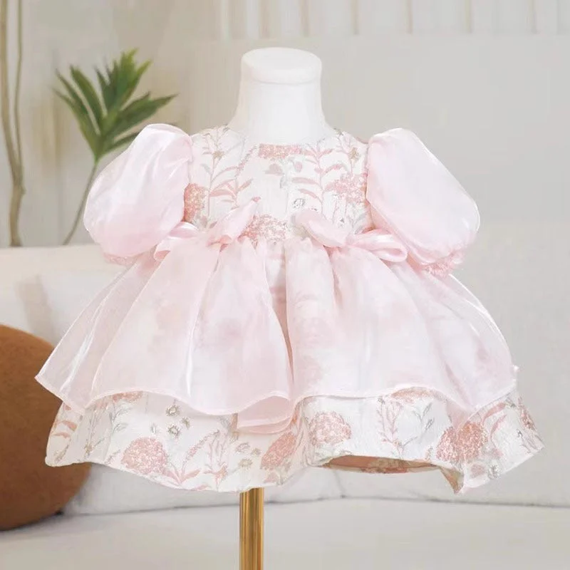 Elegant Baby Pink Puff Sleeve Princess Dresses for Girls Toddler Birthday Costume Princess Dress