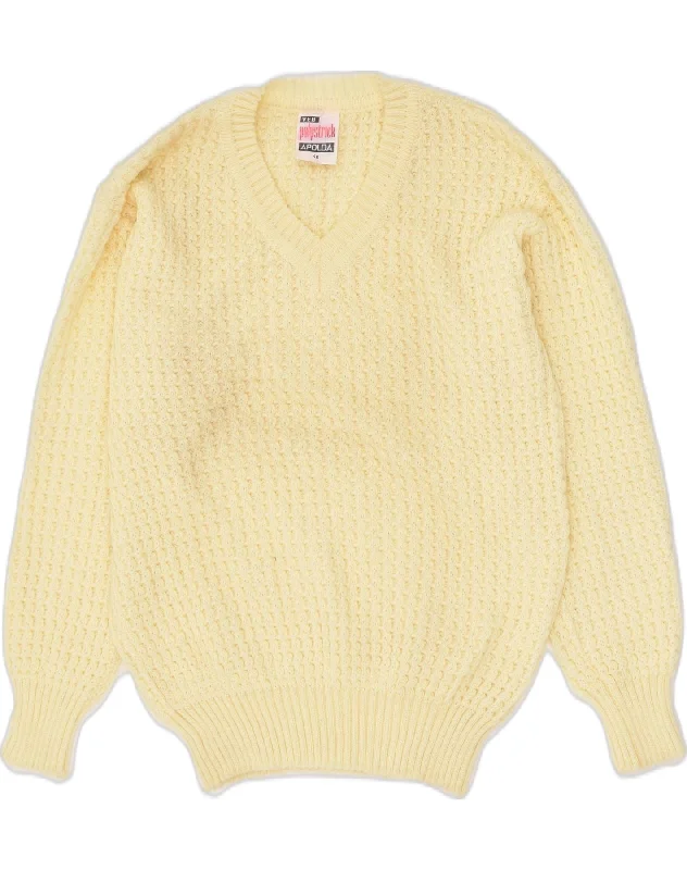 VINTAGE Womens V-Neck Jumper Sweater IT 48 XL Yellow Wool