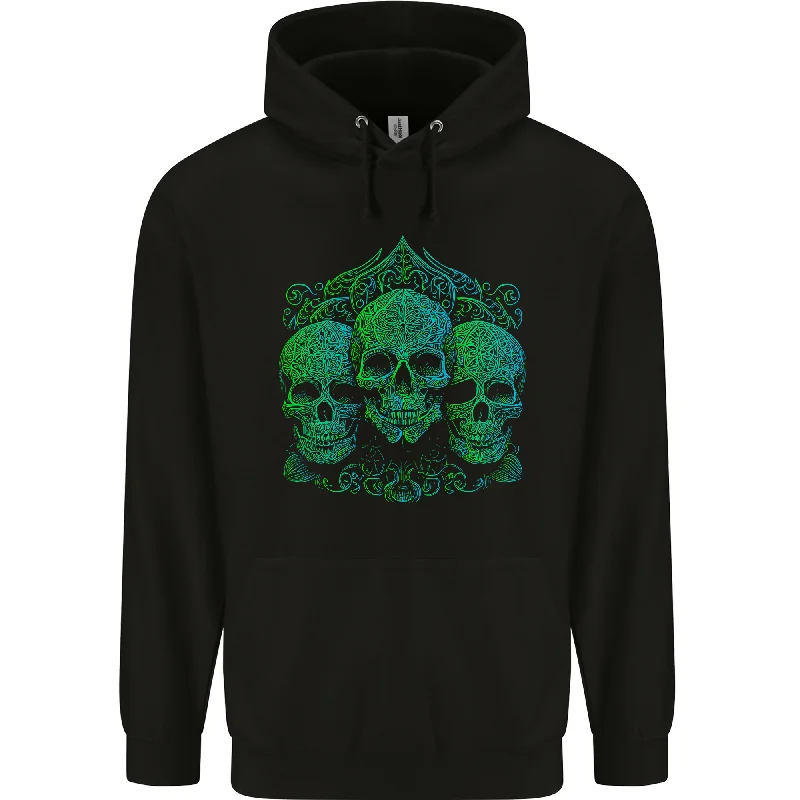 3 Ornate Green Skulls Gothic Goth Mens 80% Cotton Hoodie