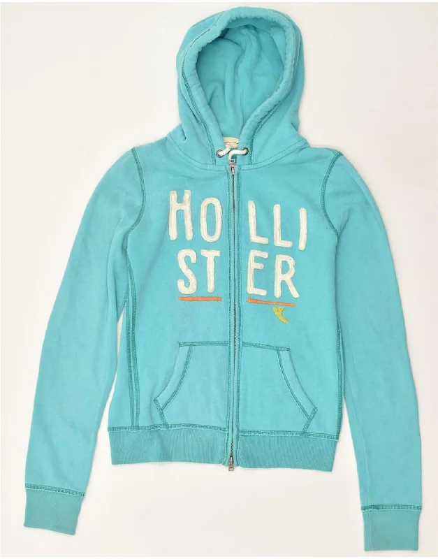 HOLLISTER Womens Graphic Zip Hoodie Sweater UK 12 Medium Blue Cotton