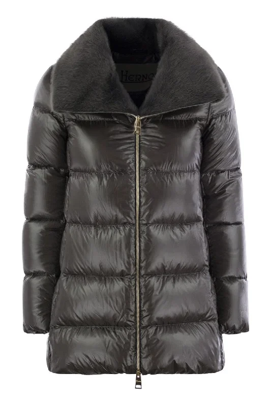 Down jacket with cruelty-free fur details