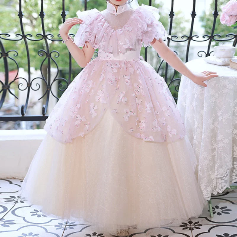 Flower Girl Dress Children Concealed Zip Stand Collar Flower Puffy Princess Dress