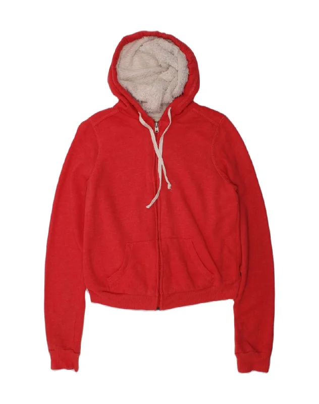 HOLLISTER Womens Sherpa Crop Zip Hoodie Sweater UK 10 Small Red Cotton