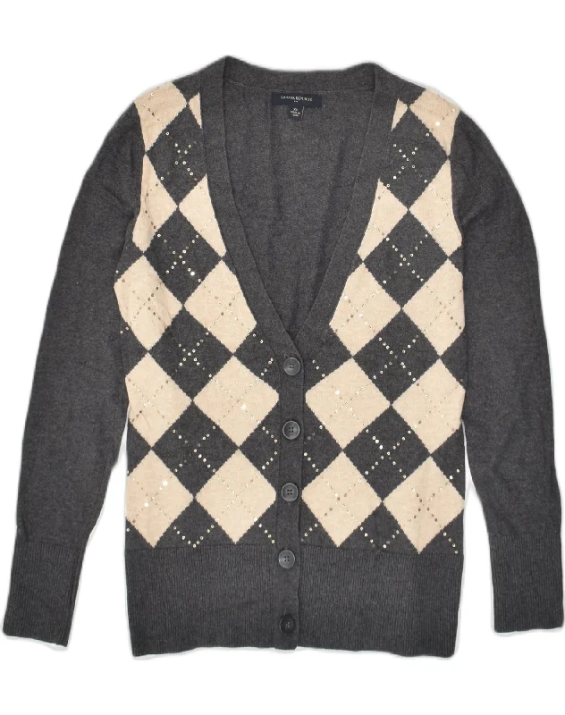 BANANA REPUBLIC Womens Cardigan Sweater UK 6 XS Grey Argyle/Diamond Cotton