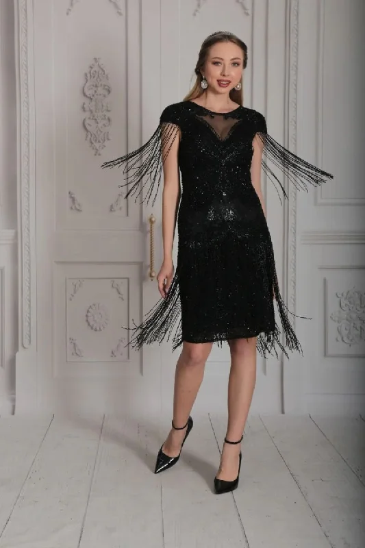 Sybill Fringe Flapper Dress in Black