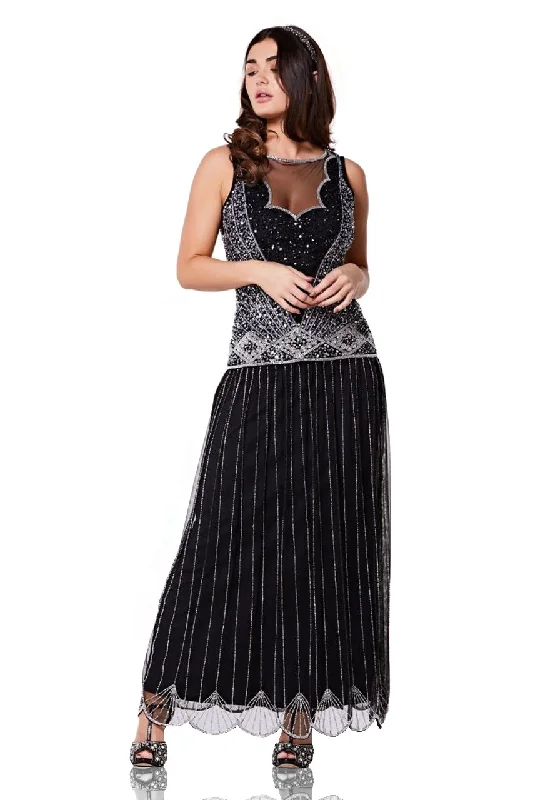 Vintage Inspired Drop Waist Maxi Dress in Black