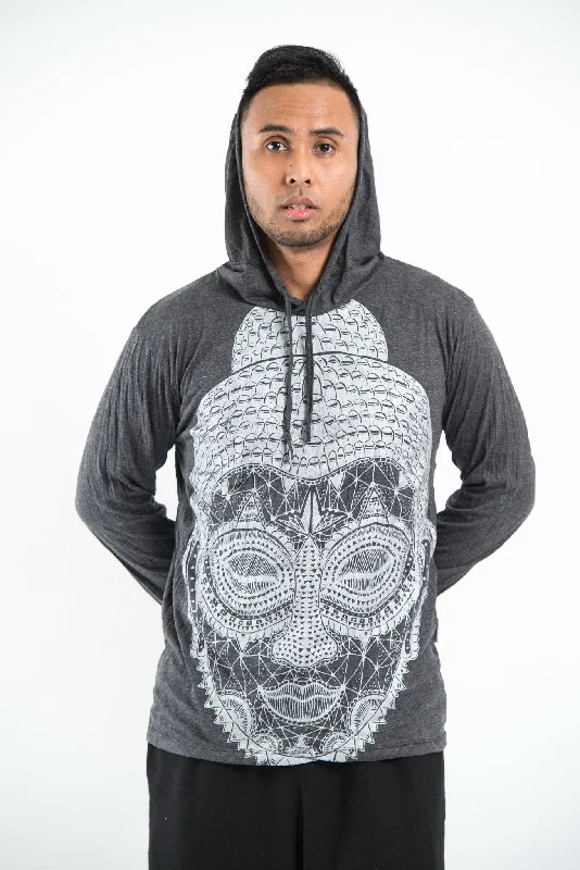 Sure Design Unisex Buddha Head Hoodie Silver on Black