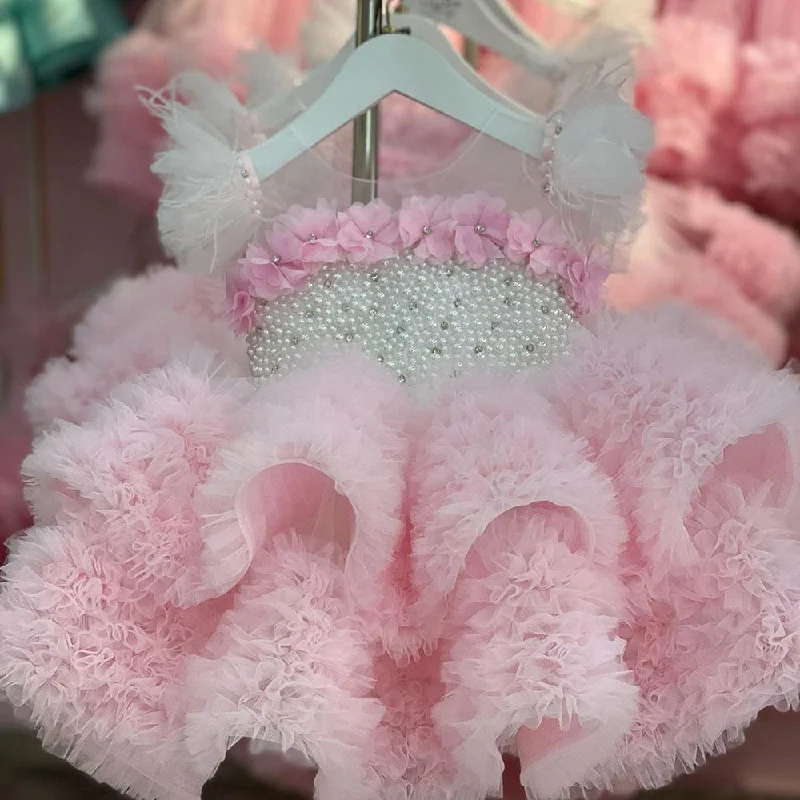 Cute Baby Girl Fluffy Beads Pageant Dress Toddler First Birthday Party Princess Dress