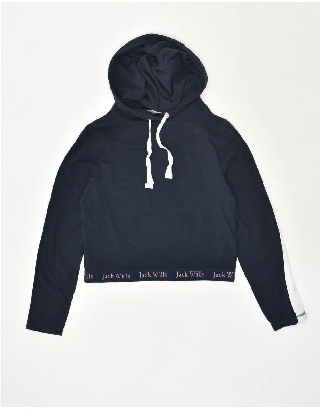 JACK WILLS Womens Graphic Crop Hoodie Jumper UK 8 Small  Navy Blue Cotton