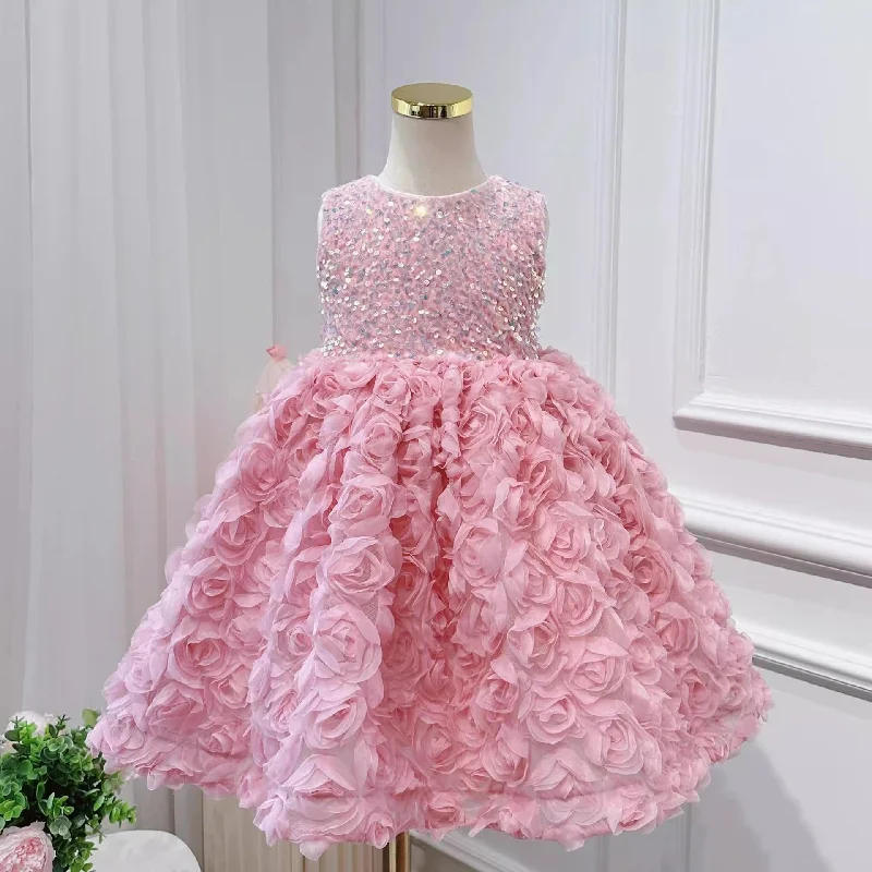 Elegant Baby Girl Sequin Pink Dress Toddler Birthday Pageant Princess Dress