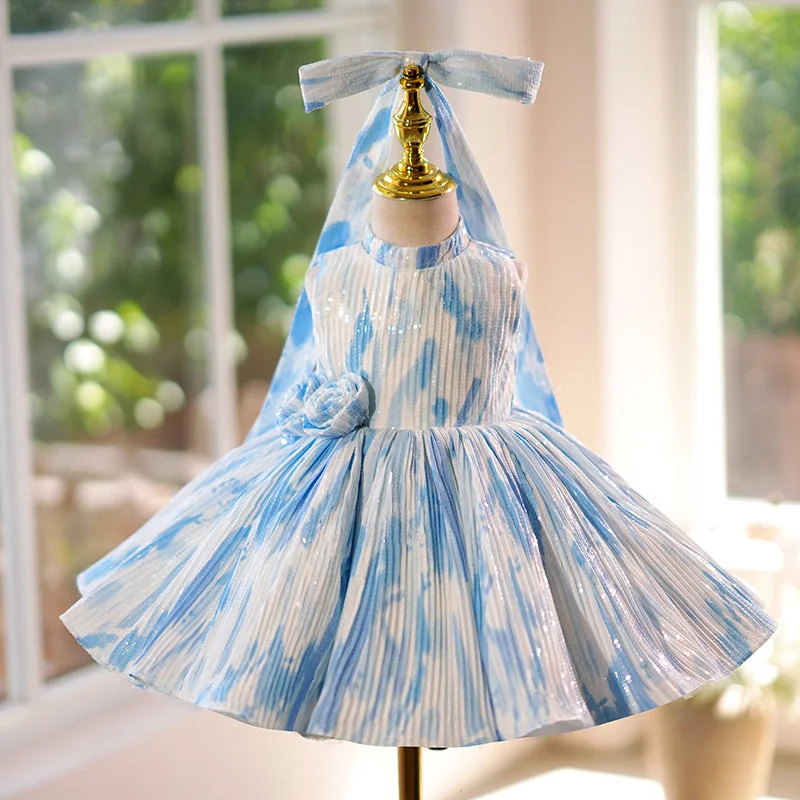 Blue and White Princess Dress with Flowers Birthday Dress