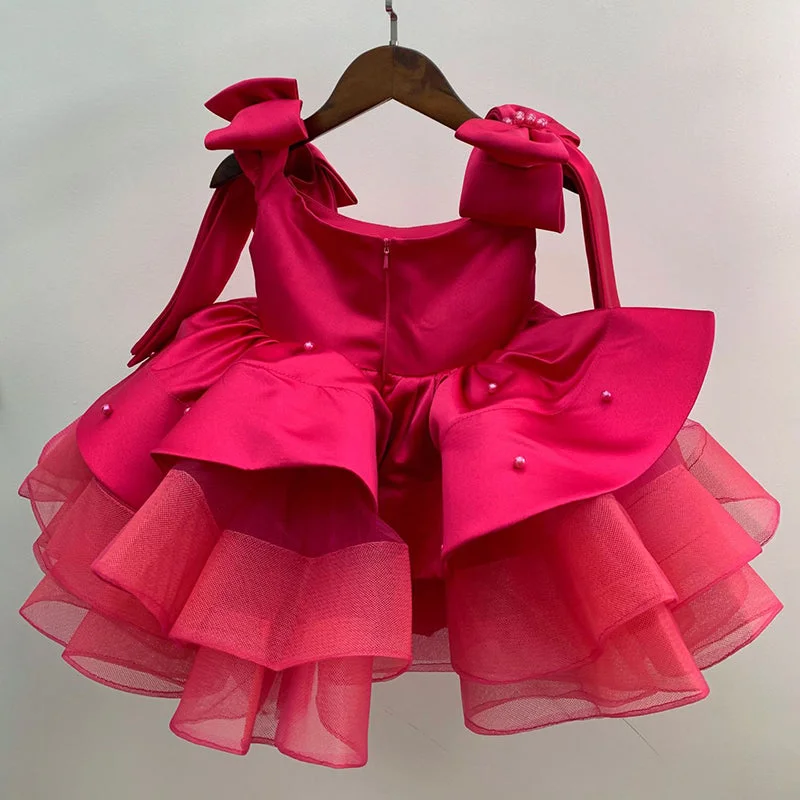 Elegant Baby Girl Rose Red Bow Sleeve Dress Toddler Communion Princess Dress