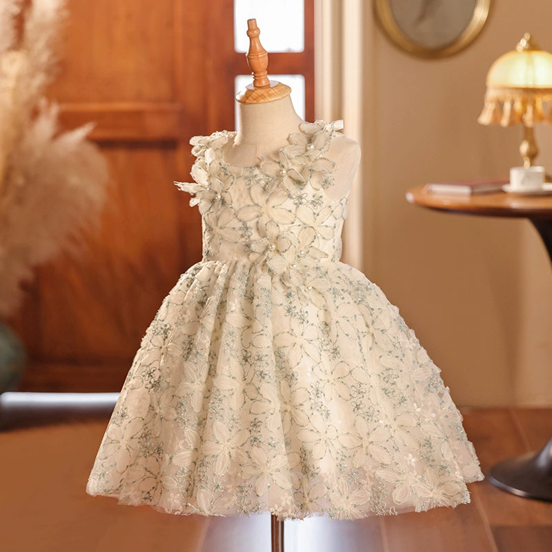 Elegant Baby Sleeveless Floral Puff Princess Dress Toddler Sequin Dress For Girls